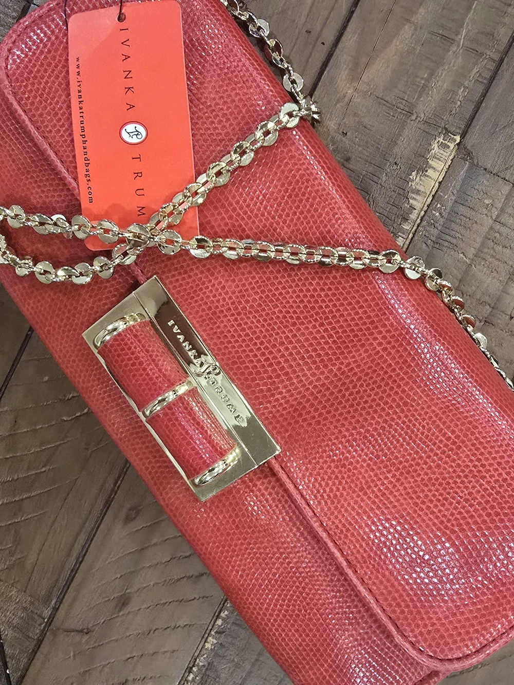 Ivanka Trump Coral-Red Faux Snakeskin Chain Strap Clutch